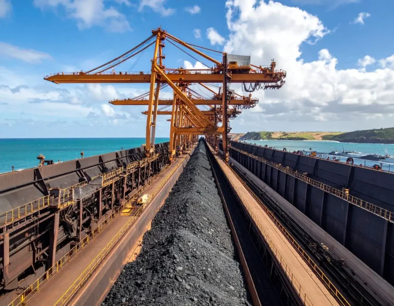 Panoramic view of the Richards Bay Coal Terminal with large coal stockpiles and shiploading cranes